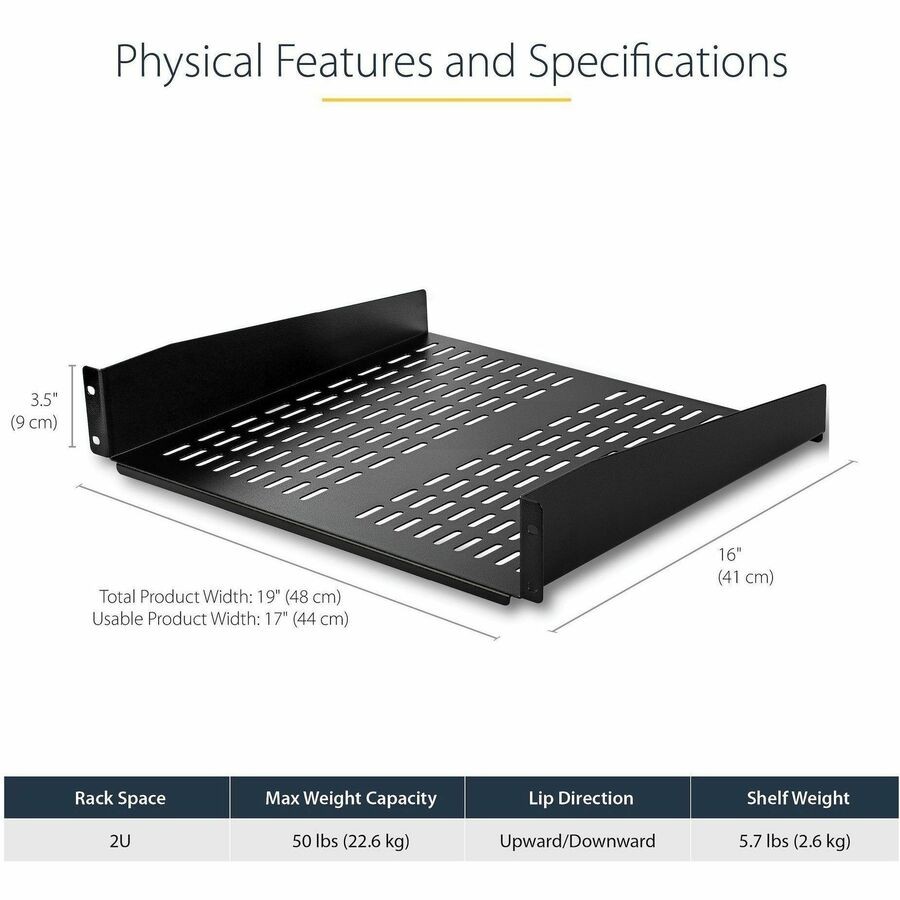 StarTech CABSHELFV 2U 16in Vented Rack Mount Shelf 50lbs