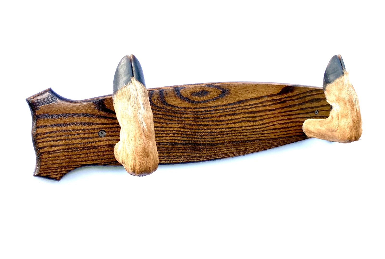Taxidermy Deer Hoof Foot Feet Gun Rack on Oak Plaque Gunrack Dark Walnut stain