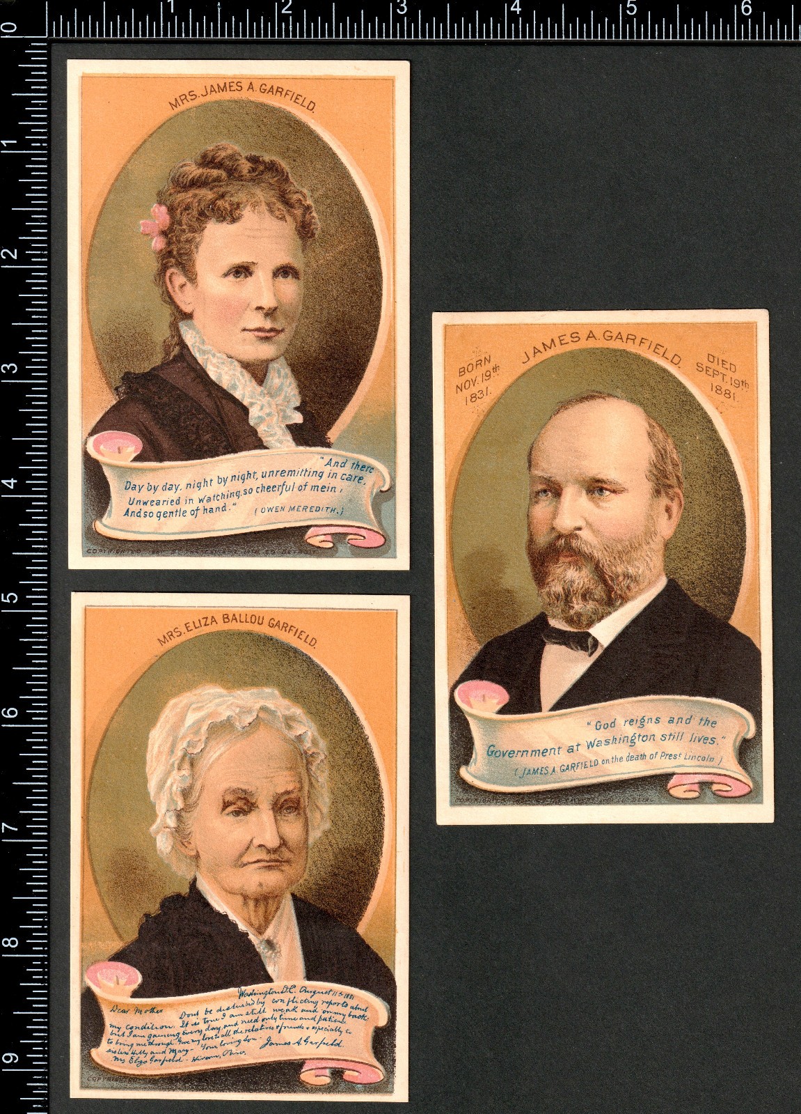 President James A Garfield 1881 RARE set 4x 1881 Widow Death Display Trade Cards
