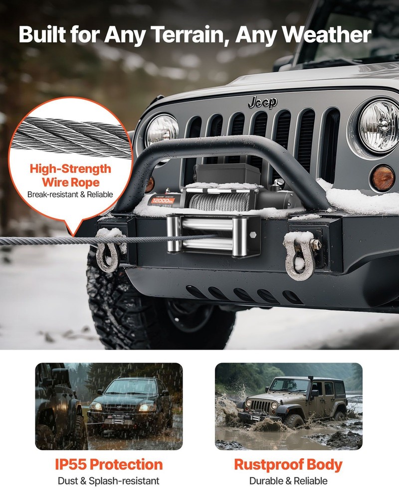 12000lb 12V Pulling Winch 0.36in x 80ft Rope IP55 High Security Remote