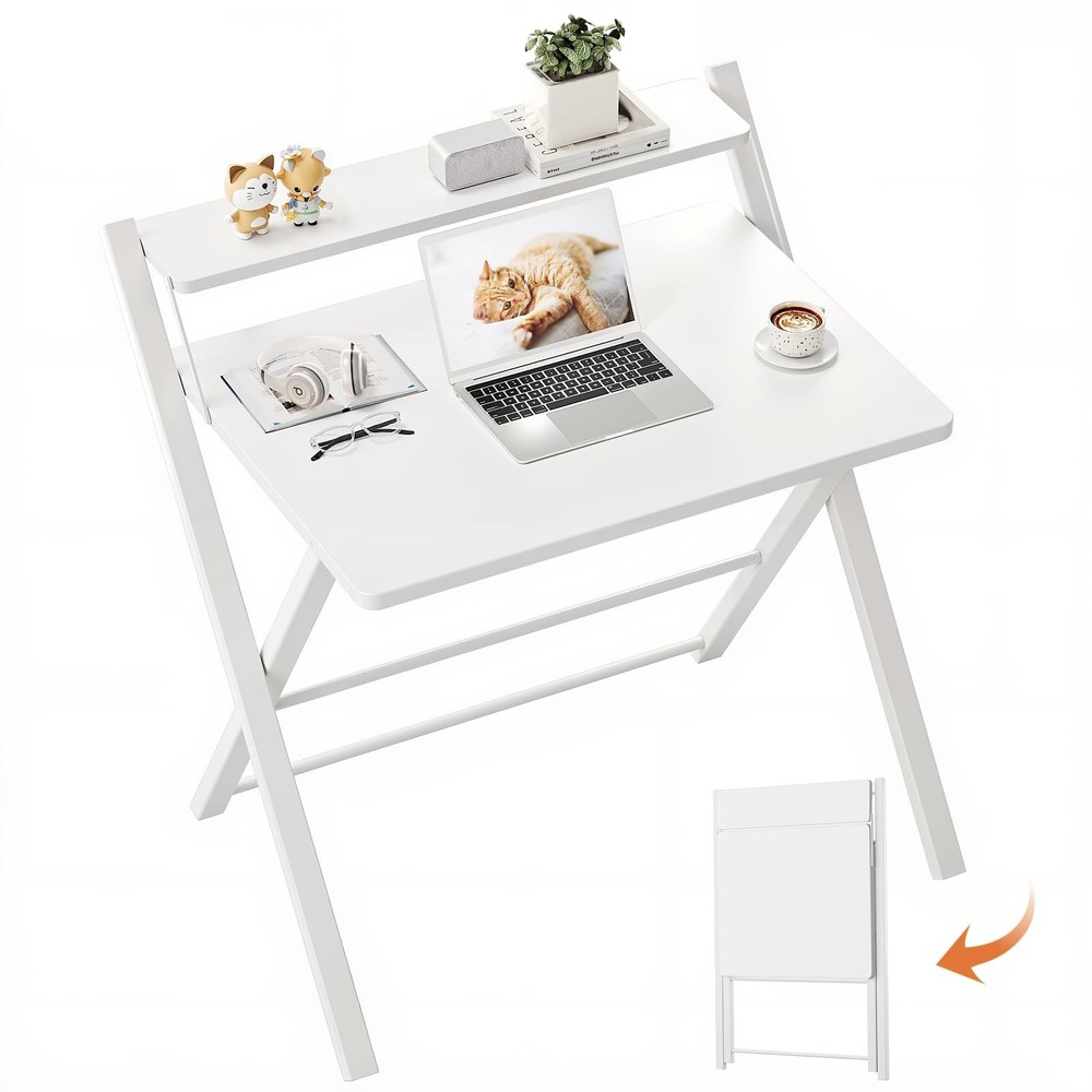 GreenForest No Assembly Folding Desk, 2-Tier Compact Computer Desk with Shelf...