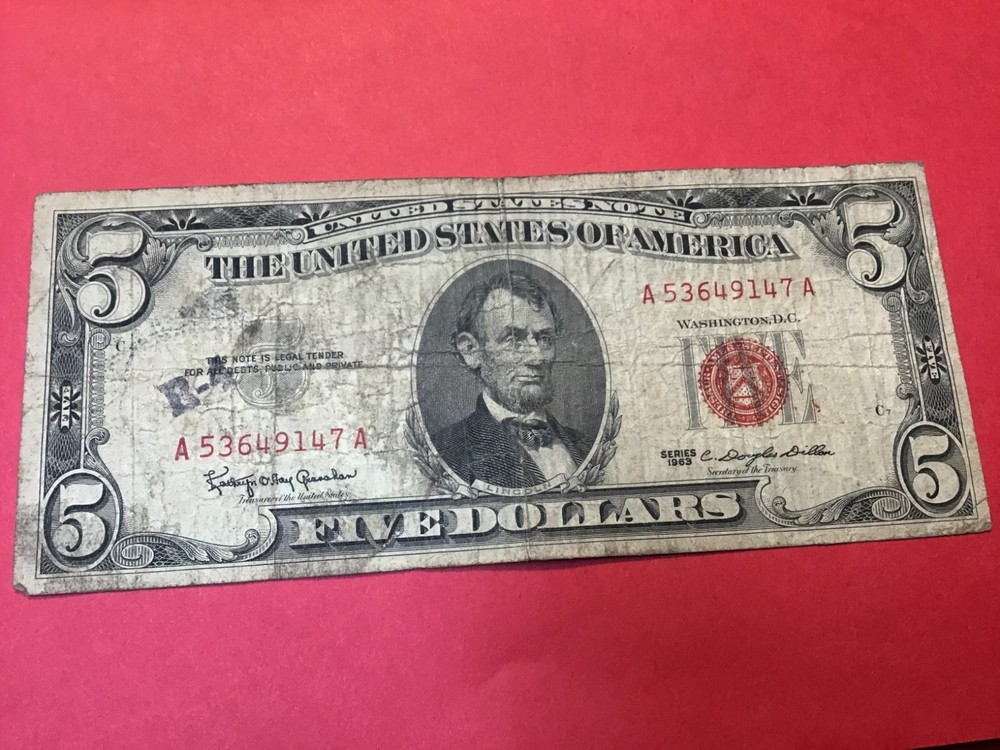 1963 Five Dollar Red Seal $5 Red Seal Note US, 1 Note