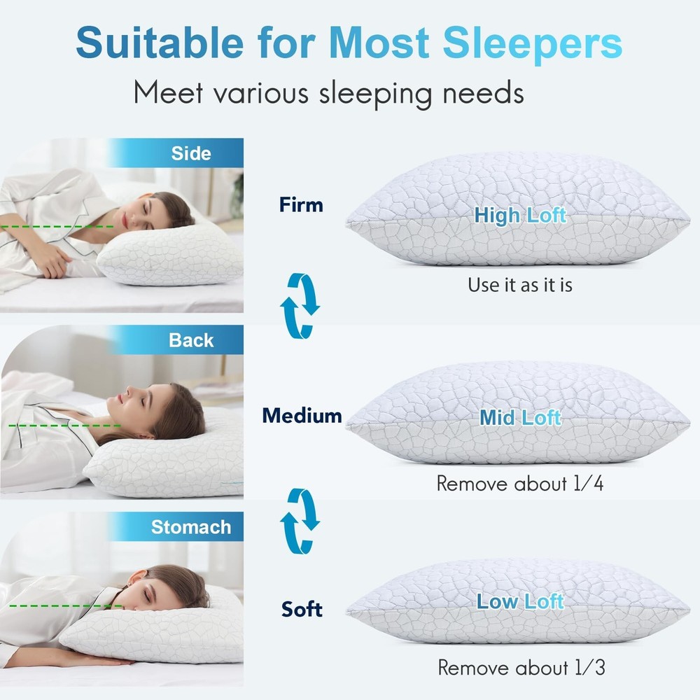 QUTOOL Cooling Pillows for Sleeping 2 Pack, Shredded Memory Foam Bed Pillows ...