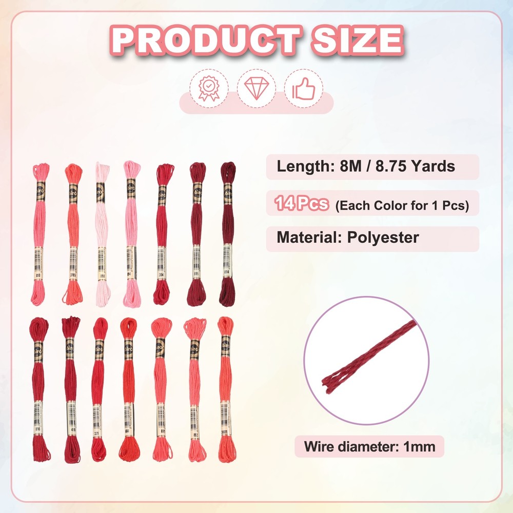 14 Skeins Embroidery Floss, Polyester Threads Multicolored Dark Red