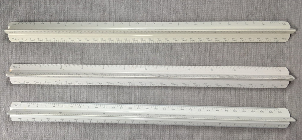 Lot 3 Triangular 3-sided drafting rulers, C-Thru 657, Pickett P-232A, Unbranded