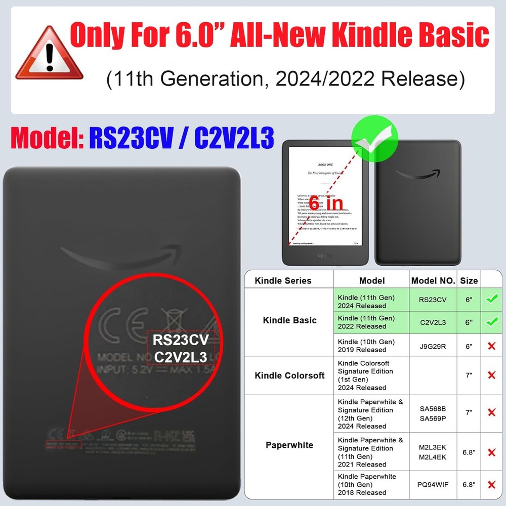 Clear Case for 6.0 inch Kindle Basic 11th Generation 2024 2022 Release 6 Tab...