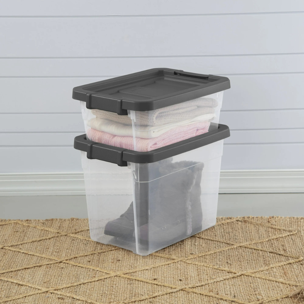 6pk Sterilite 30 Qt Stacker Box Clear Plastic Storage Bin w/ Latching Lid Gray