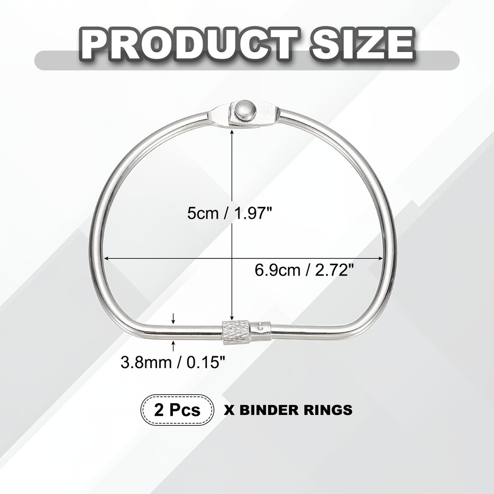 Loose Leaf Binder Rings 2.7 Inch, 2 Pcs Binder Rings D Shape, Silver