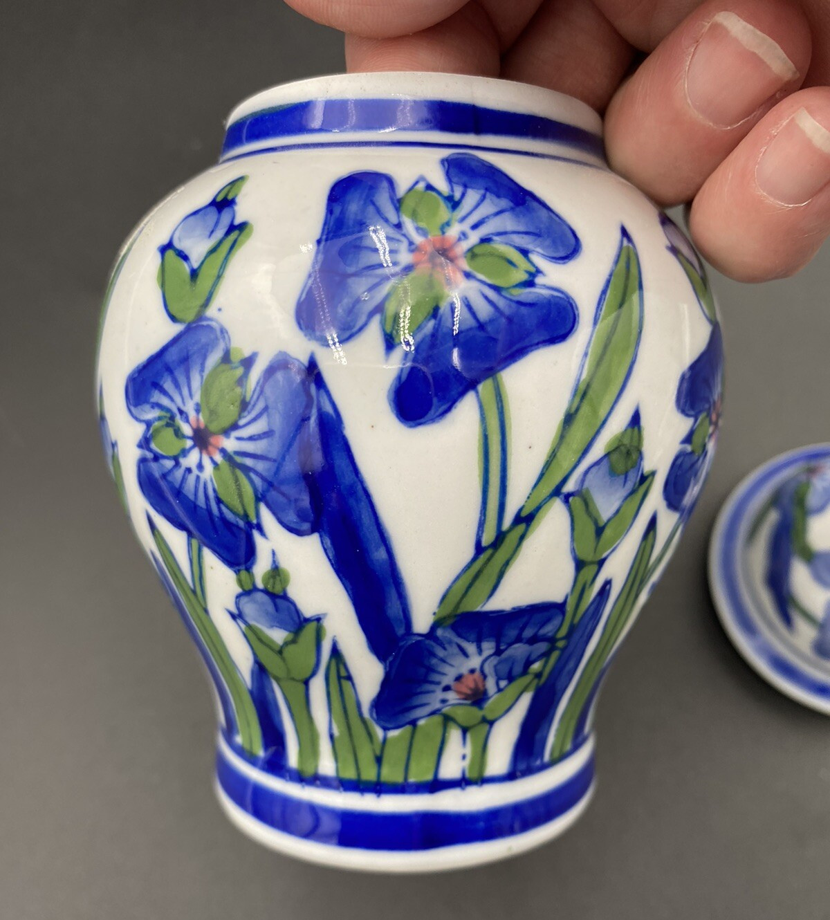 Chinese Porcelain Ginger Jar, Cobalt & Light Blue Irises, 6.5" with Lid, MINT