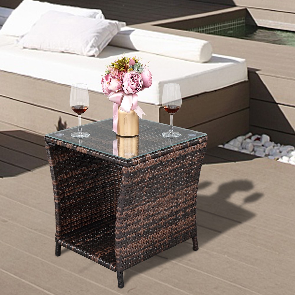 Glass Surface Brown Gradient Iron Frame Rattan Side Table