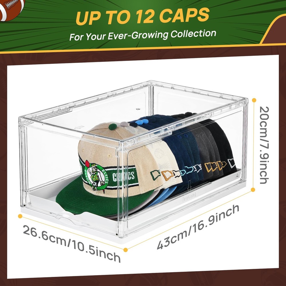 Vtopmart 2-Pack Hat Organizer Box for Baseball Caps, Clear Stackable Storage