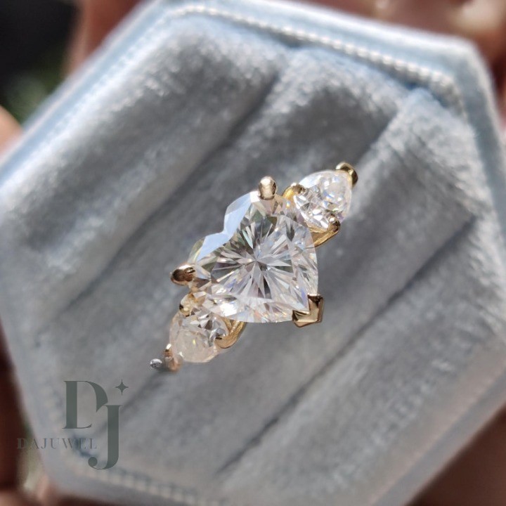 Moissanite Three Stone Engagement Ring Solid 14K Yellow Gold Heart Cut 2.70 CT