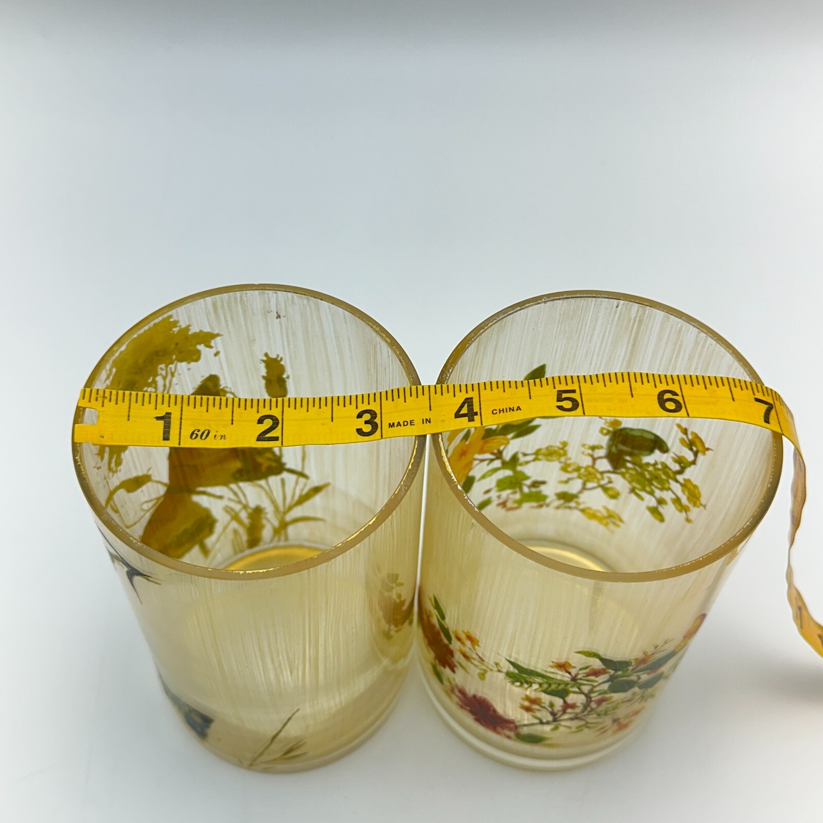 MCM Drinking Glasses Set Butterfly Floral Art Painted 6in Tall Vintage Decor
