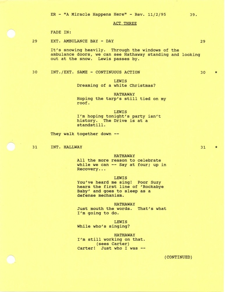 *ER - A MIRACLE HAPPENS HERE (1995) Revised First Draft Script DTD 10/29/95