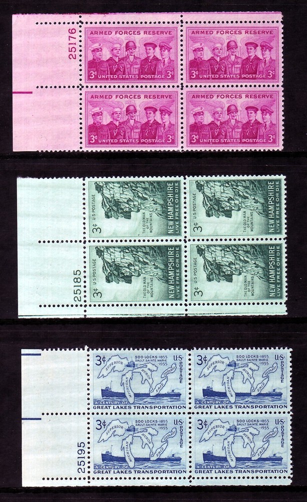1955 COMMEMORATIVE PLATE BLOCK YEAR SET. (9) DIFFERENT. SCV $9