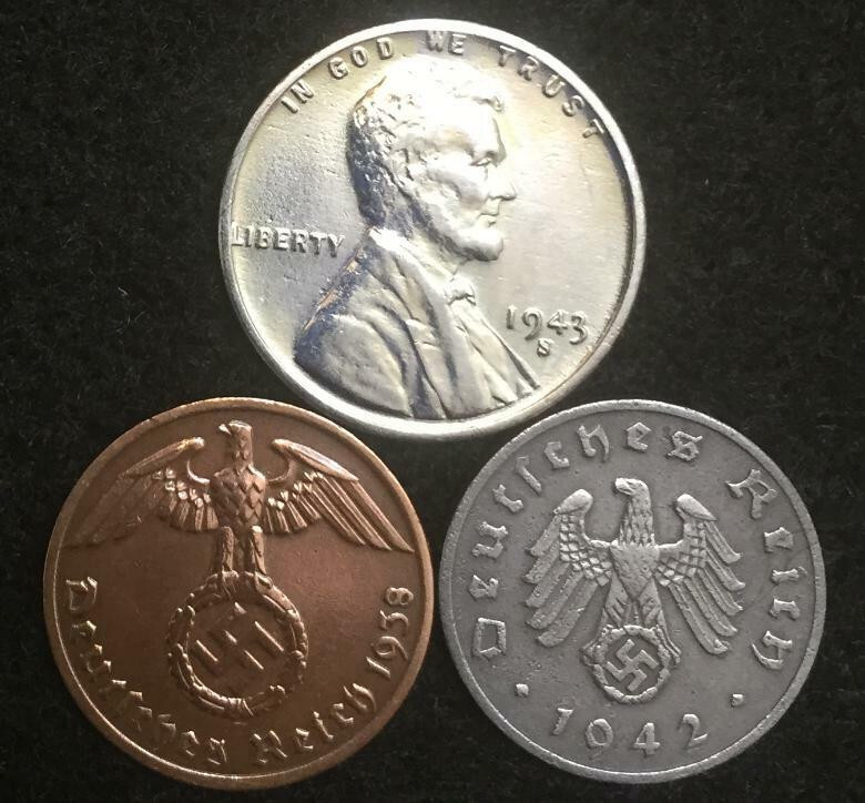WWII German 1 Rp Zinc & Bronze + 1943 US Steel Cent – Circulated Collectors Set