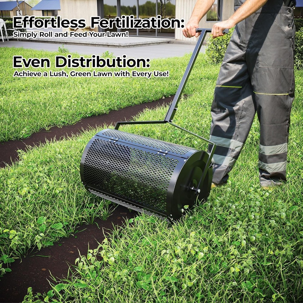 24" Heavy Duty Compost Spreader, Adj T-Handle & Metal Mesh Roller, Rust-Proof