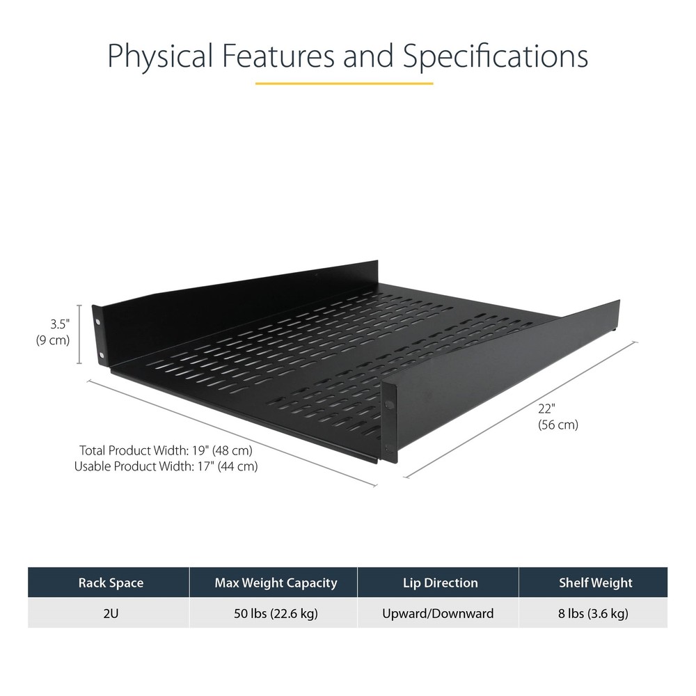 StarTech 2U 22in Vented Fixed Server Rack Cabinet Shelf - 50lbs