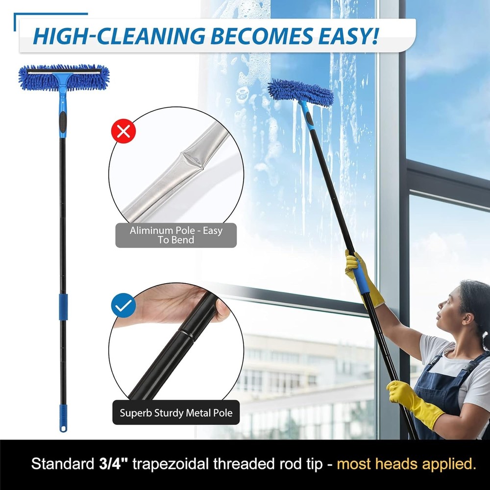 69'' Window Squeegee, 2-In-1 Squeegee Window Cleaning + Scrubber & Rotating Head