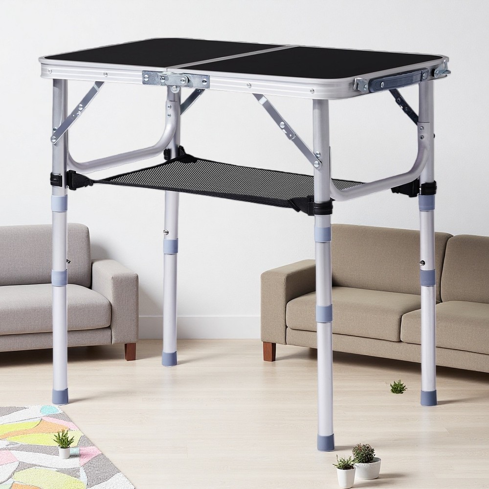 Folding Camping Table 2ft - Adjustable Mesh Storage Aluminum Frame Patio Black
