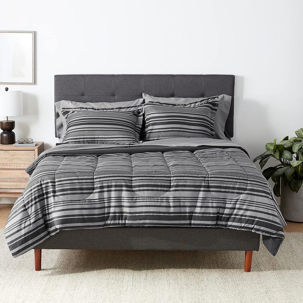 Full/Queen Comforter Set with Sheets, 7-Piece Gray Calvin Stripe Bedding, Lightw