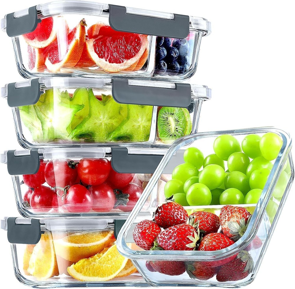 5-Pack,36 Oz Glass Meal Prep Containers 2 Compartments Portion