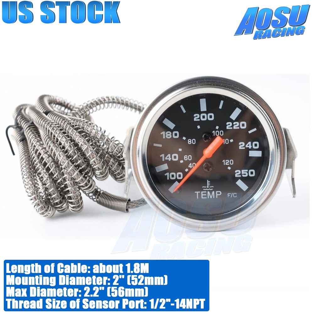 2'' 52mm Pointer Water Temp Temperature Gauge ℃ / ℉ Mechanical Black Face Chrome