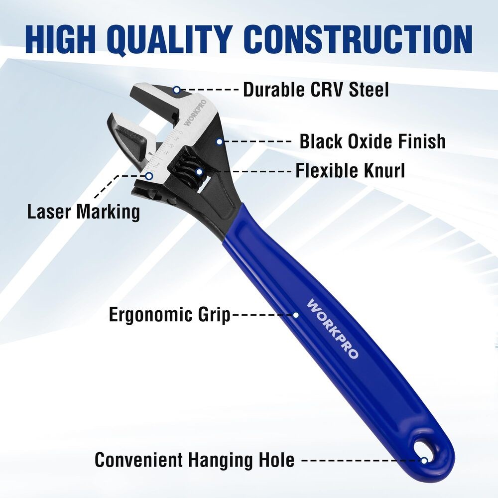 WORKPRO 5PCS Adjustable Wrench Set 4" 6" 8" 10" 12" Wide Jaw Metric & SAE Scales