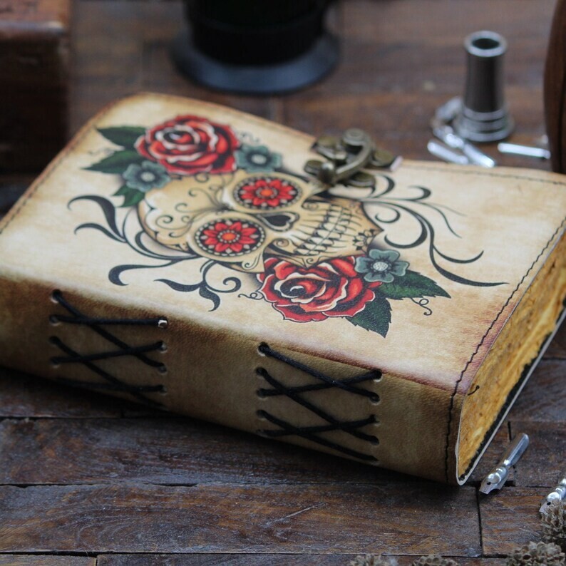 Skull Printed Leather Journal Custom Personalized Notebook Unique Vintage Design