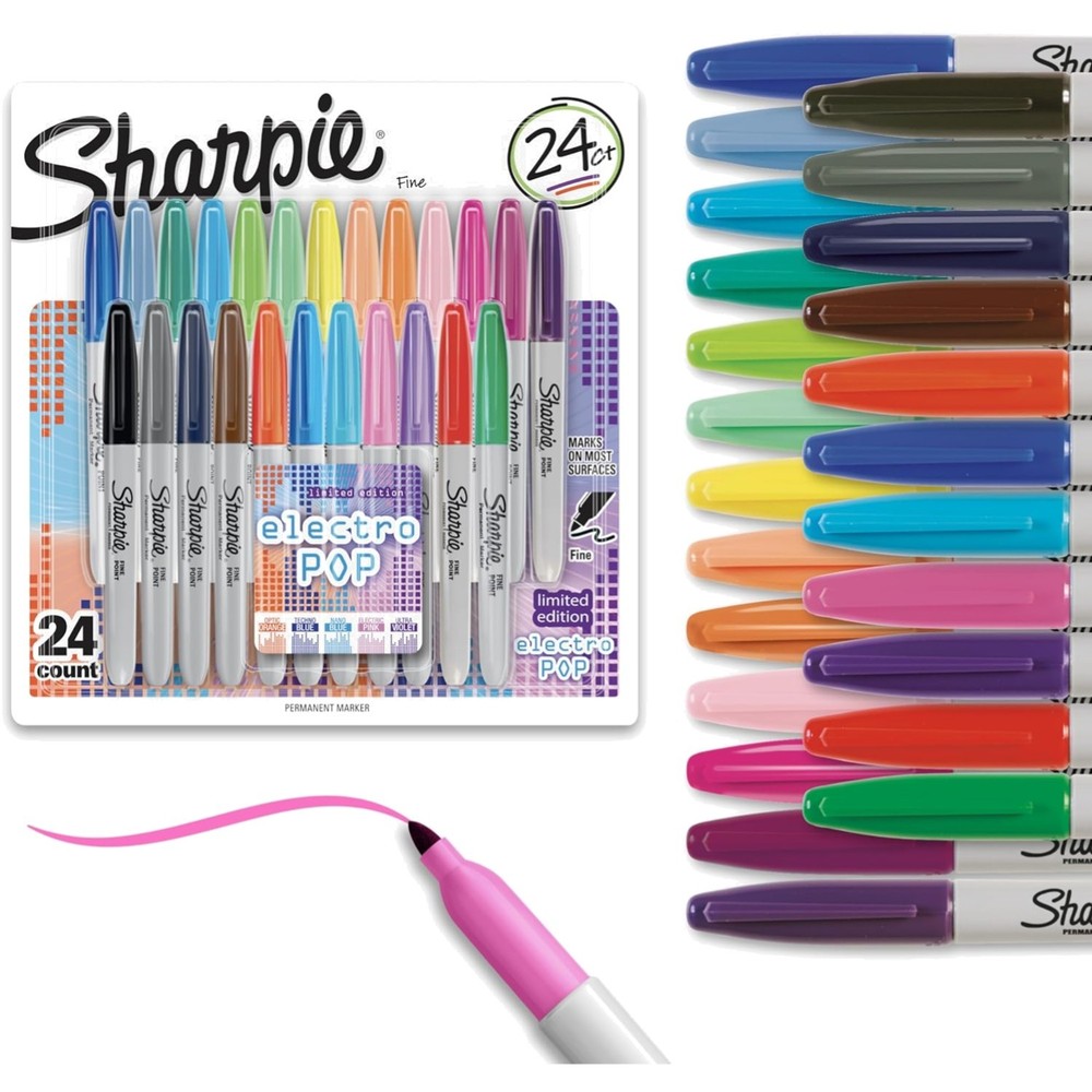 Electro Pop Permanent Markers, Fine Tip, Marker Set, Assorted Colors, 24 Coun...