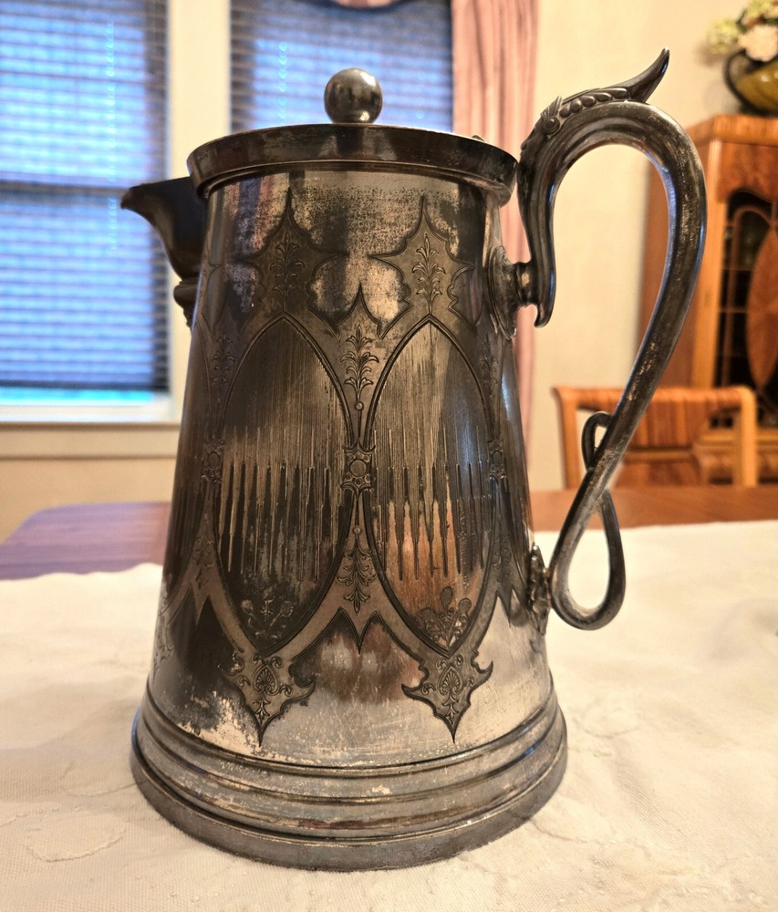 JAS. STIMPSON Silver Plated Ice Water Pitcher, Ceramic Liner, 1868 Victorian