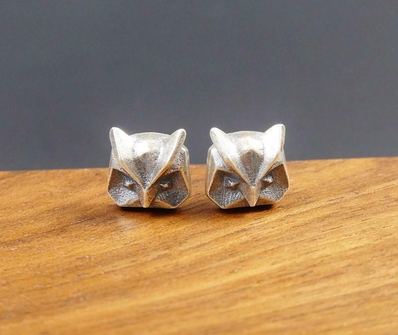 Black Oxidized 925 Sterling Silver Deco Owl Bird Stud Post Earrings Unique Cool