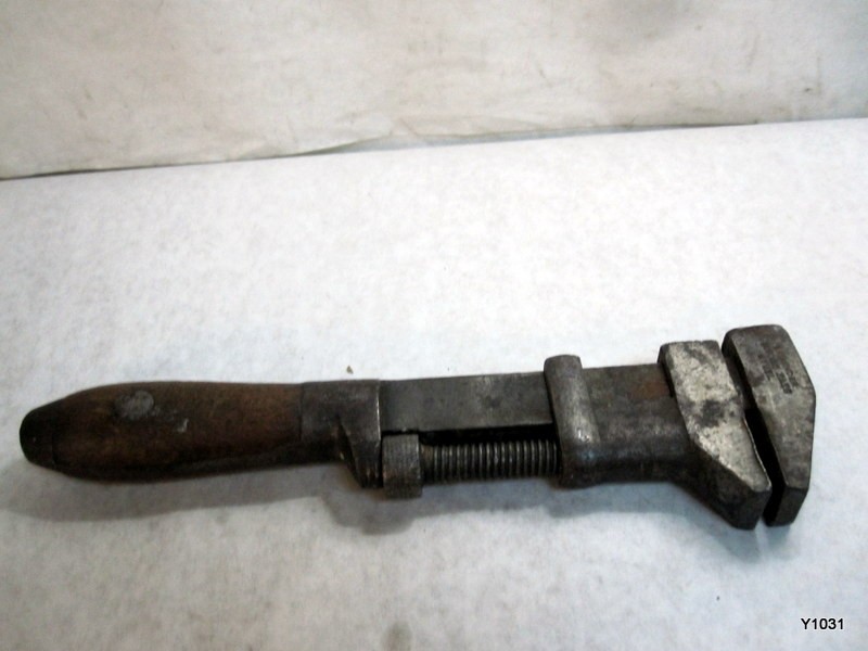 Antique l coe's 10" Adjustable monkey nut wrench  wood handle e7
