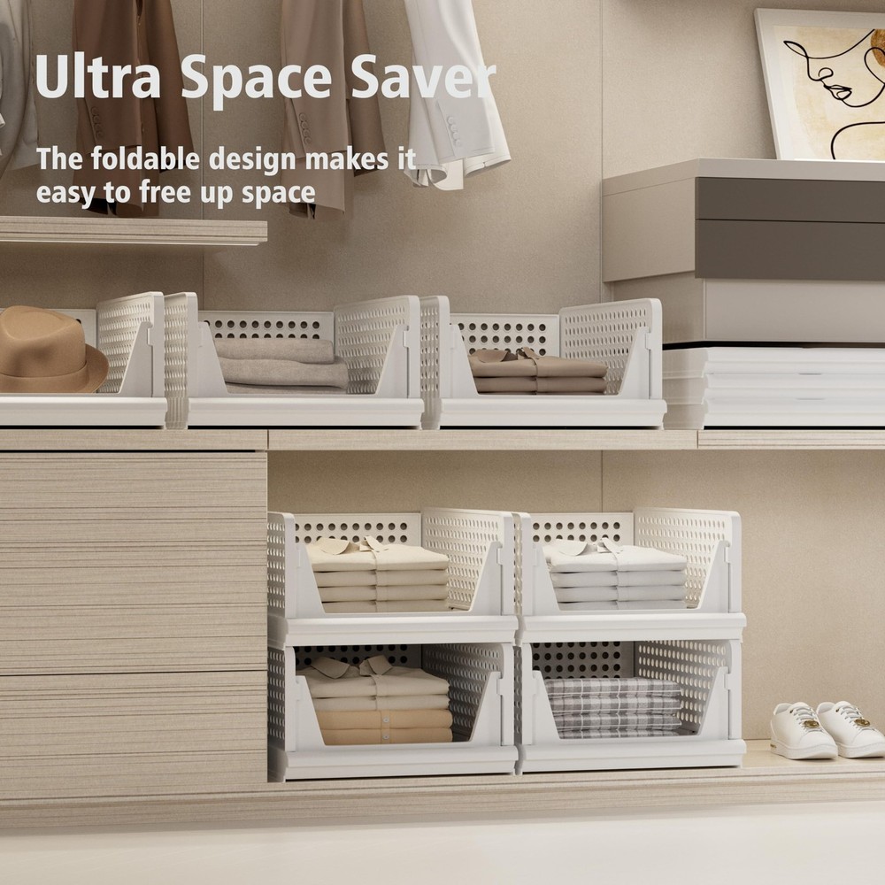 Proarea 4 Pack Stackable Plastic Storage Basket Closet Organizer Bin Foldable...