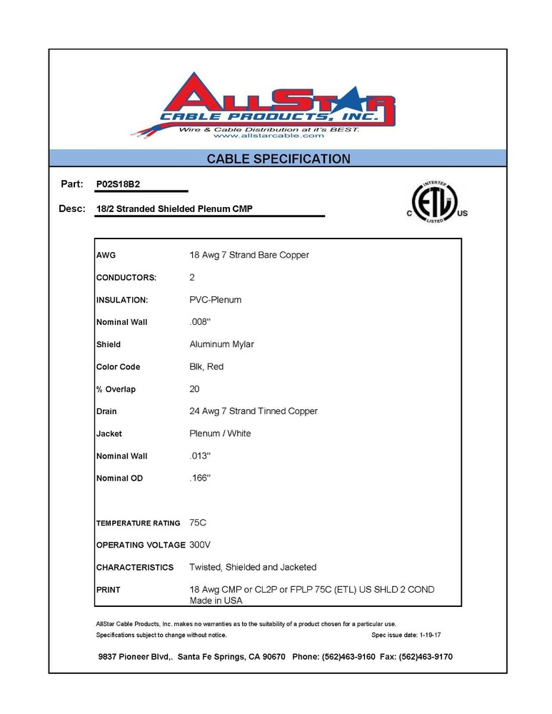 All Star Cable 18/2C Shielded Plenum Control/Security Cable White/Purple /100ft