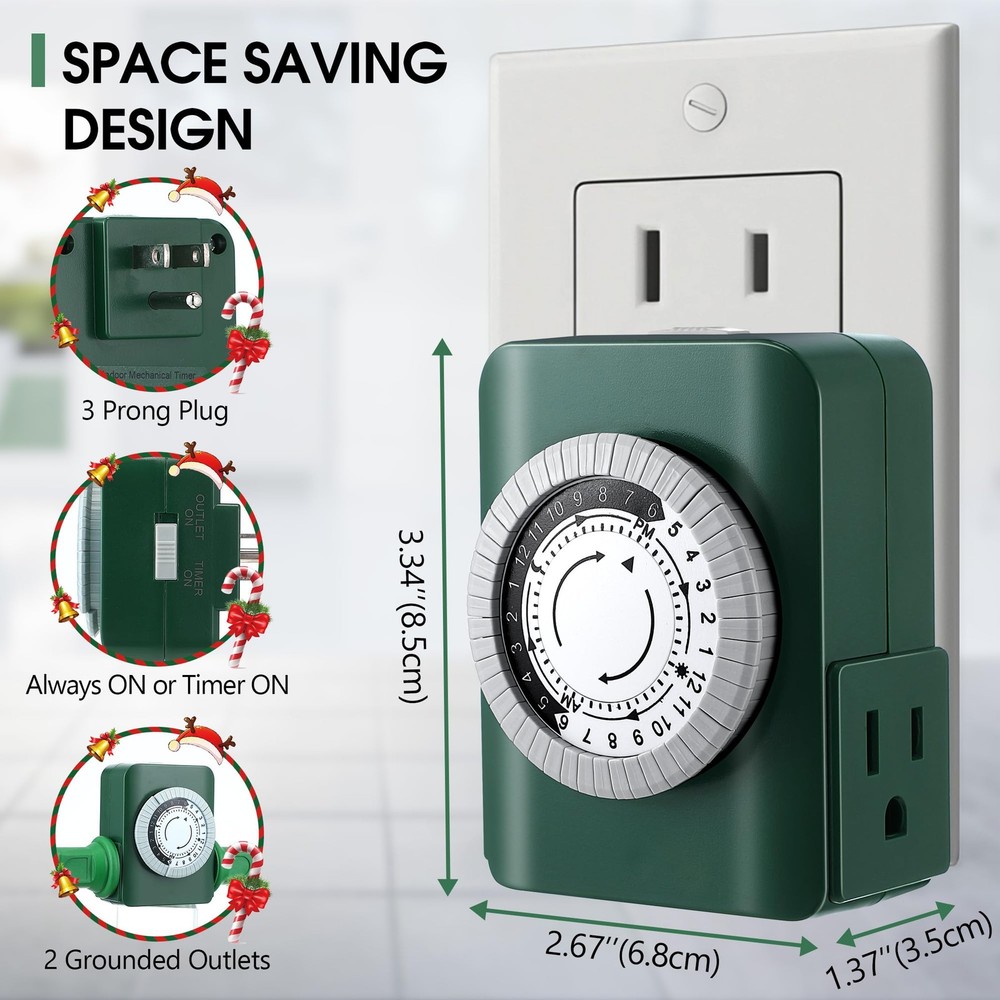Dunkive 24 Hour 2 Grounded Outlets Mechanical Outlet Timer for Green