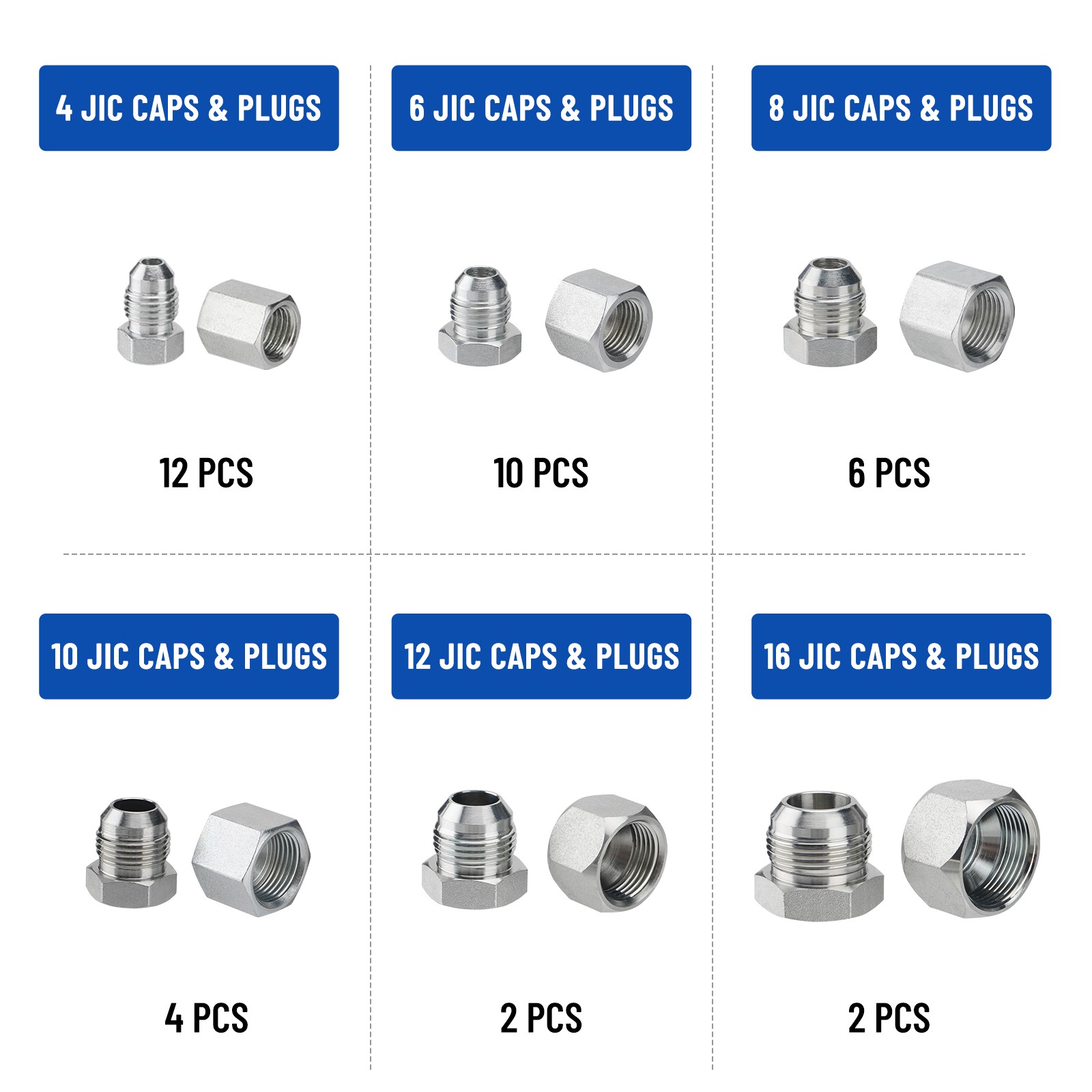 144Pcs 37° JIC & ORFS Hydraulic Cap and Plug Kit Hose Tube and Pipe Fitting Set
