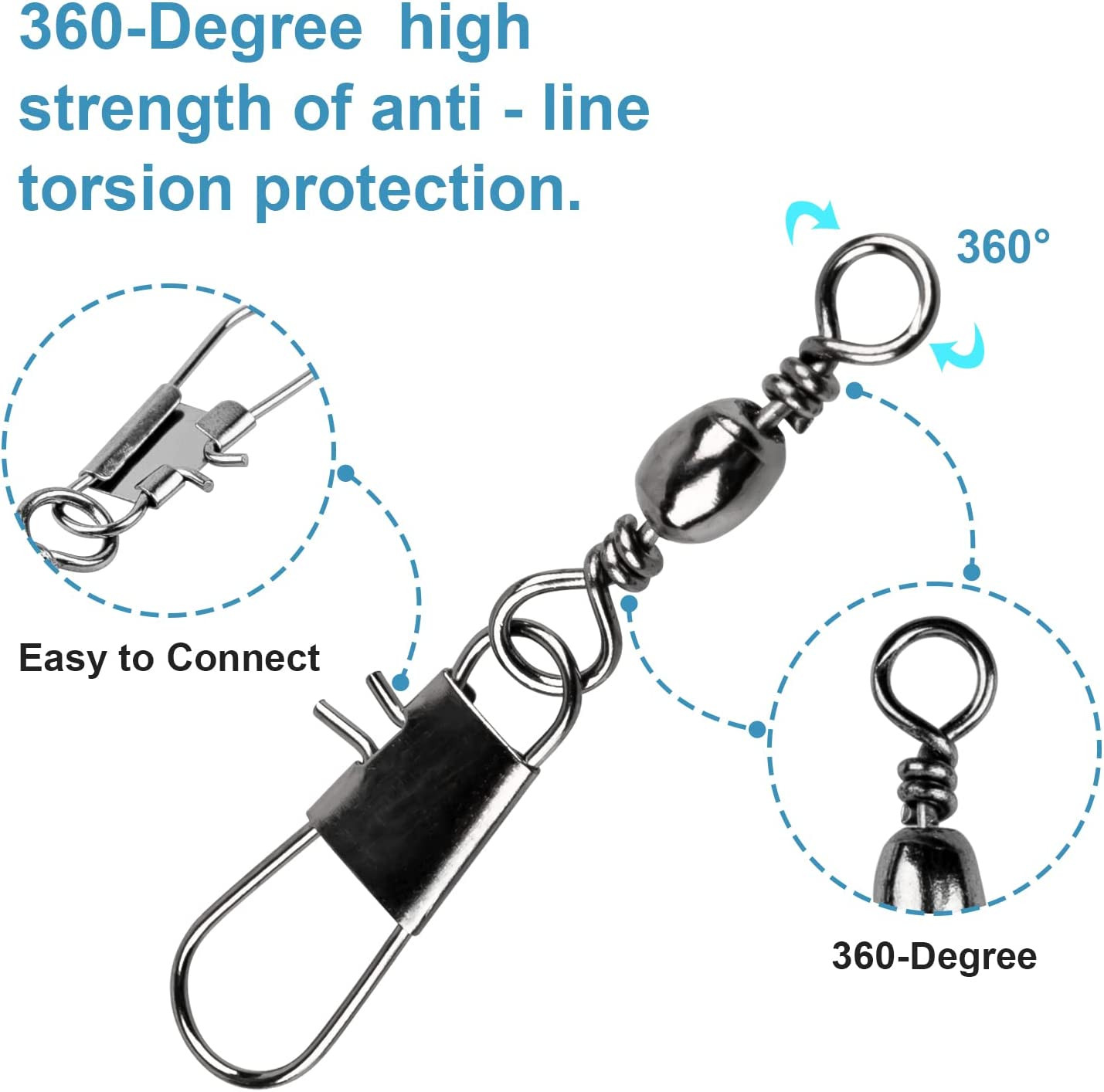 200PCS Fishing Rolling Ball Bearing Barrel Swivel with Safety Snap Conne