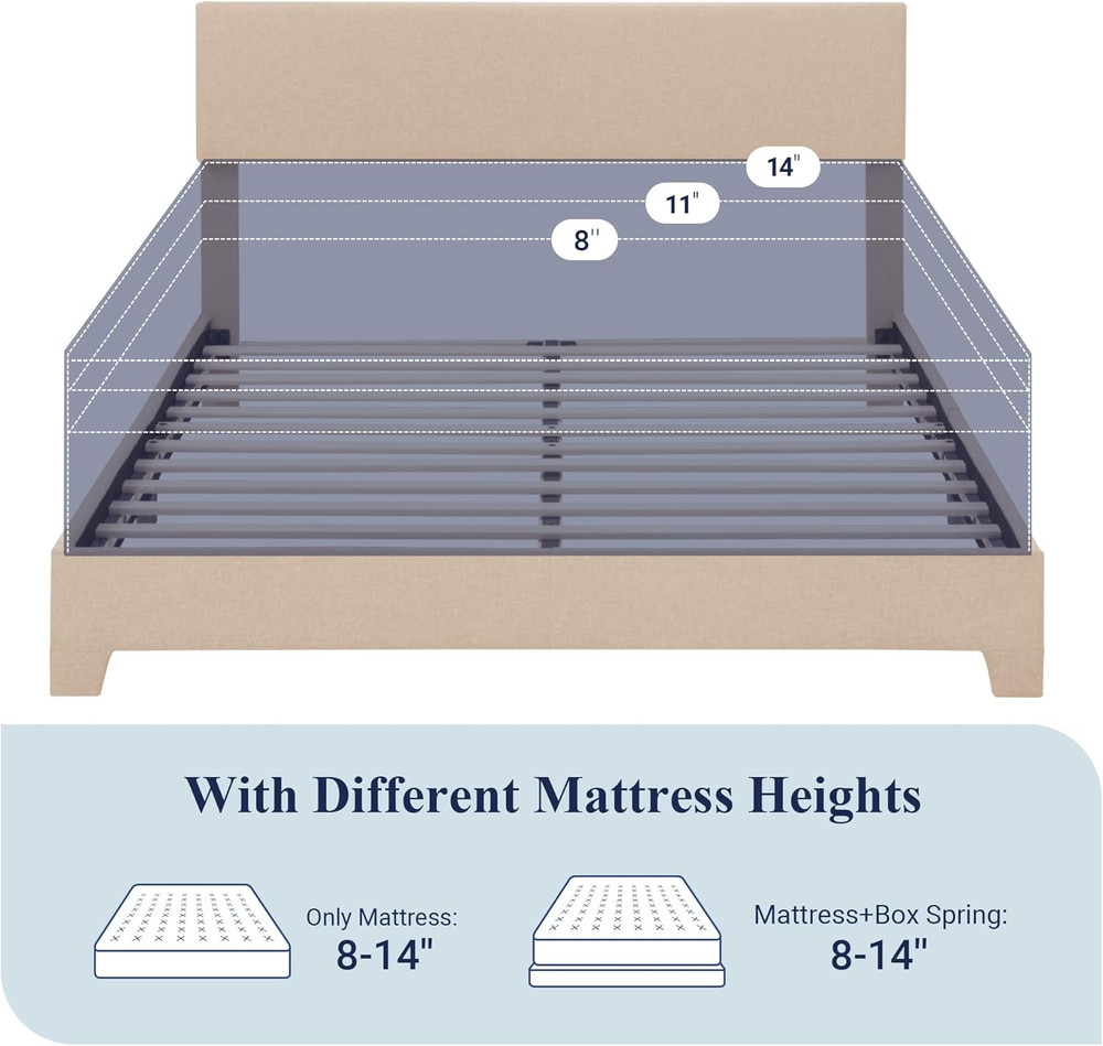 Queen Size Bed Frame with Adjustable Headboard, Upholstered Platform Bed with Wo