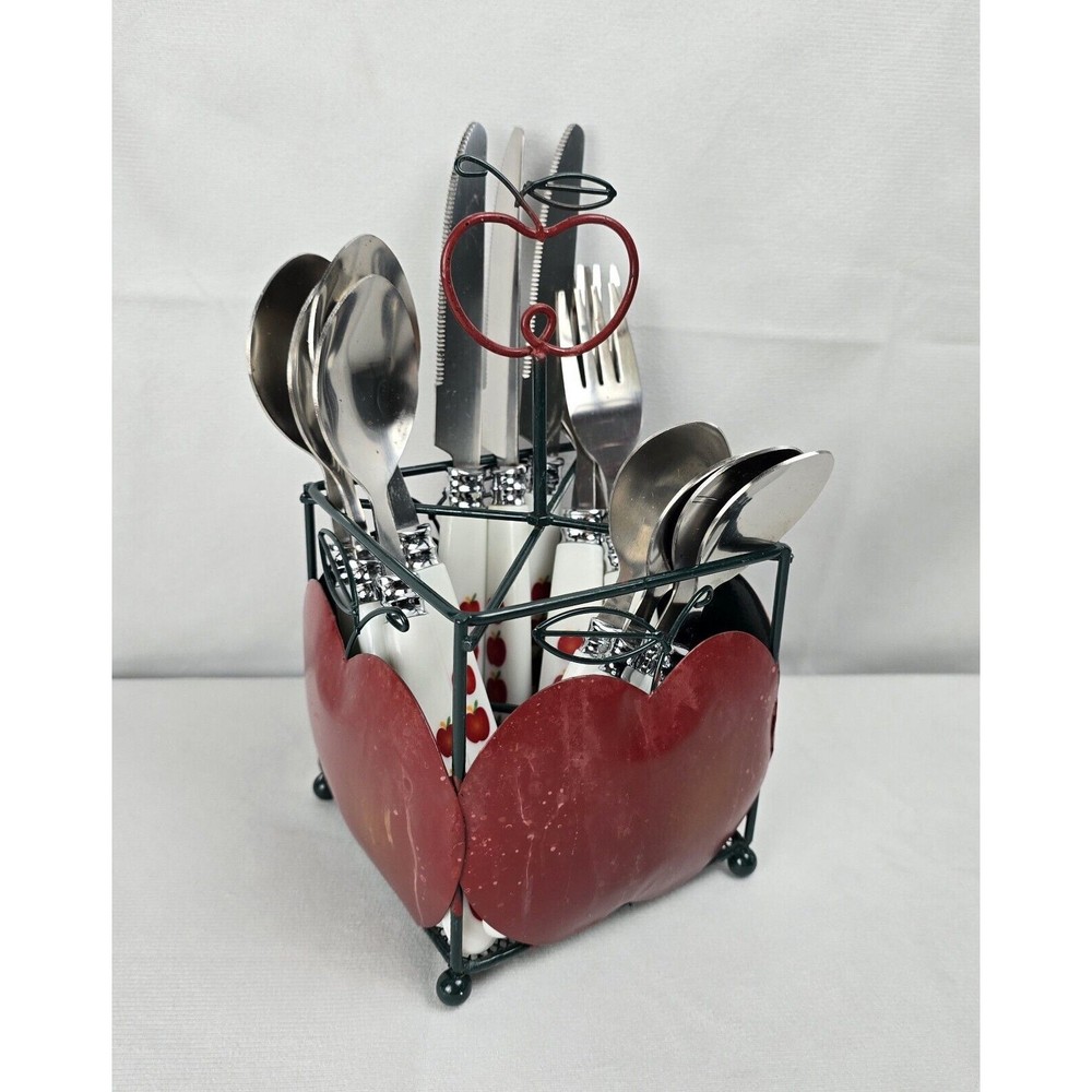 Apple Flatware Set & Holder Farmhouse Fruit Vintage Plastic Handle