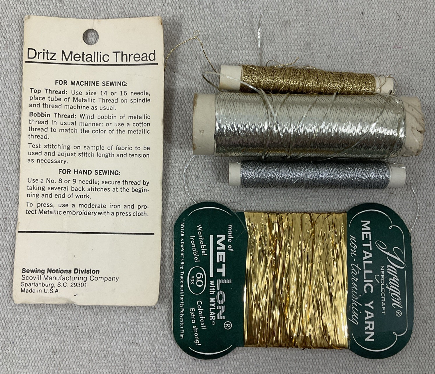 Vintage Scovill Dritz Metallic Silver Thread - lot of 4 styles