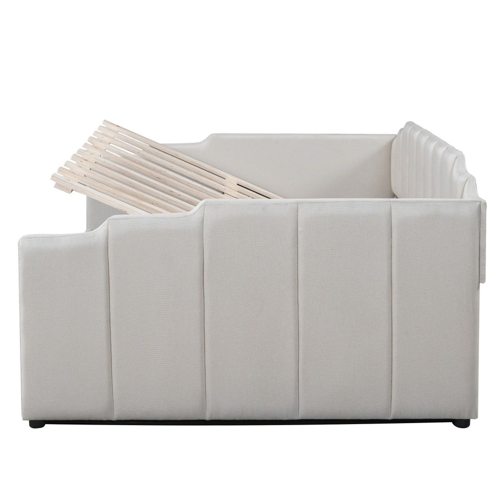 Full Size Daybed Upholstered Bed Frame Sofa Bed w/ Underneath Storage Beige/Gray