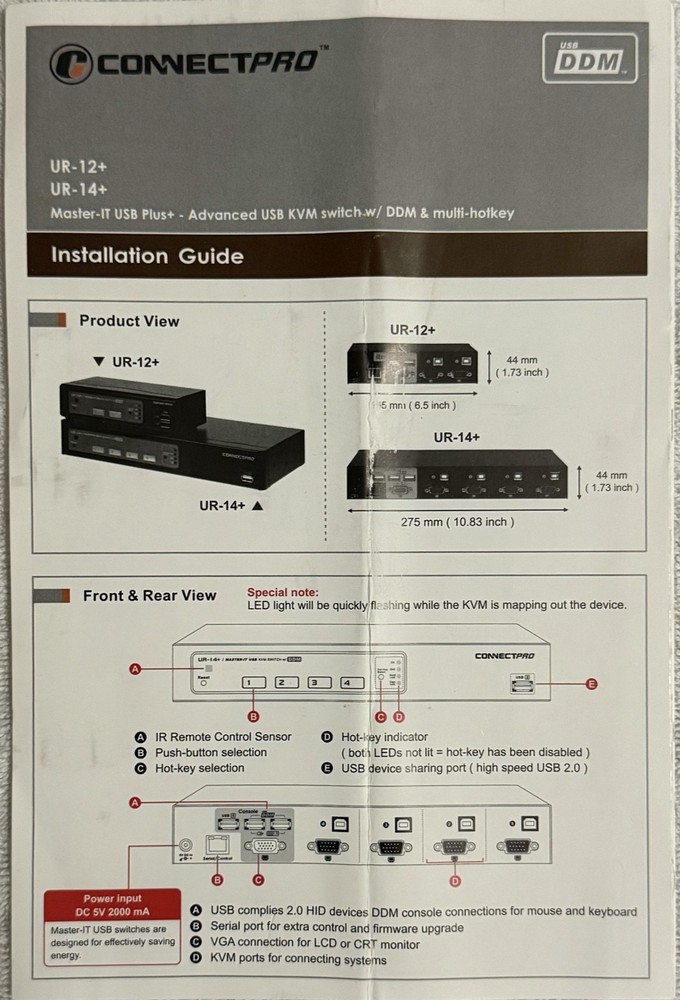 Connect Pro UR-14+CF Master IT USB KVM Switch w/DDM. New, Open Box, Never used