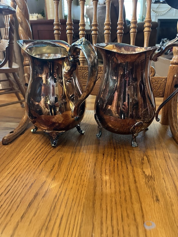 Victorian Silverplate Pitcher & Jug Set Ornate Handle Footed Design