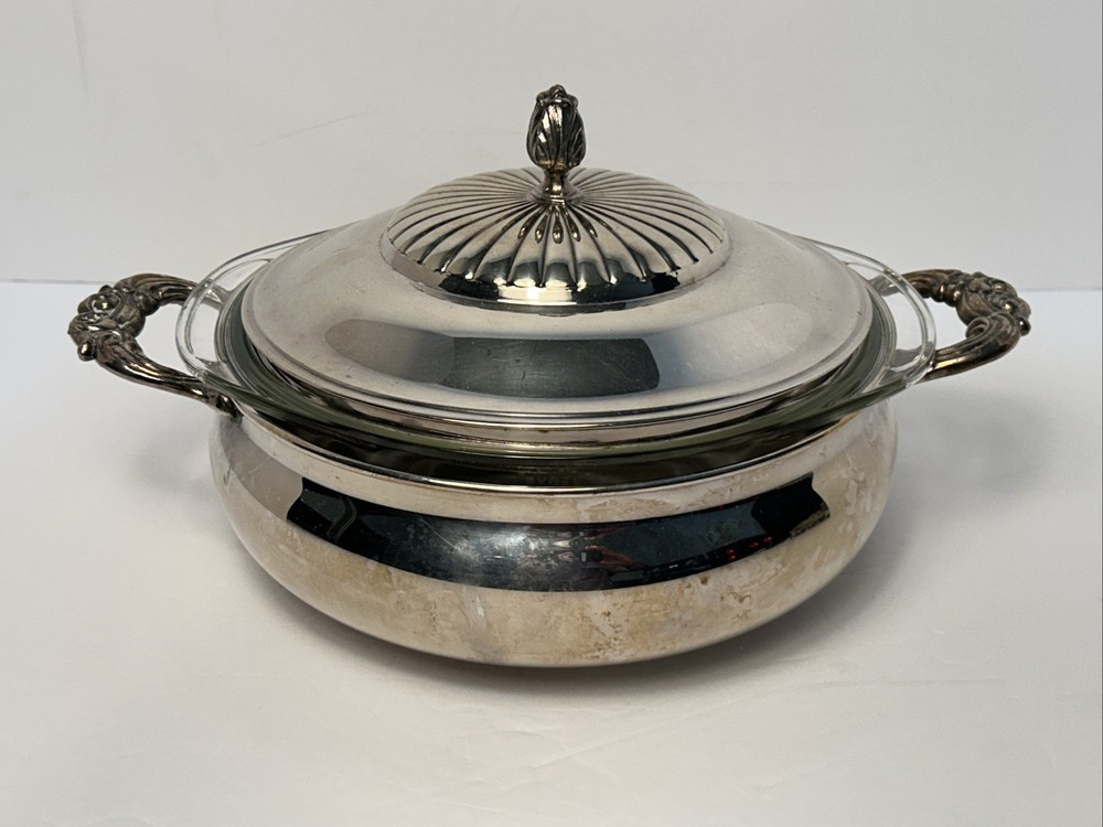 Raimond MCM Silverplate Covered Casserole W/Pyrex Glass Insert A-AA Vintage 60s