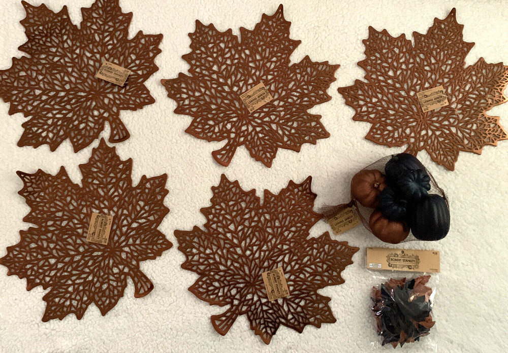 NEW Table Decor Fall Thanksgiving Navy & Copper Leaf Placemats & Pumpkins