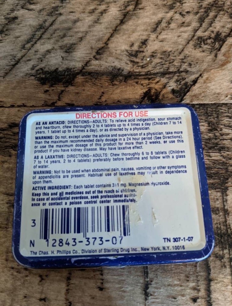 Vintage Phillips Magnesia Tablets Tin Container.
