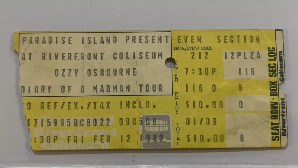 OZZY OSBOURNE 1982 CONCERT TICKET STUB*RANDY RHOADS*2/12/82*CINCINNATTI**RARE**