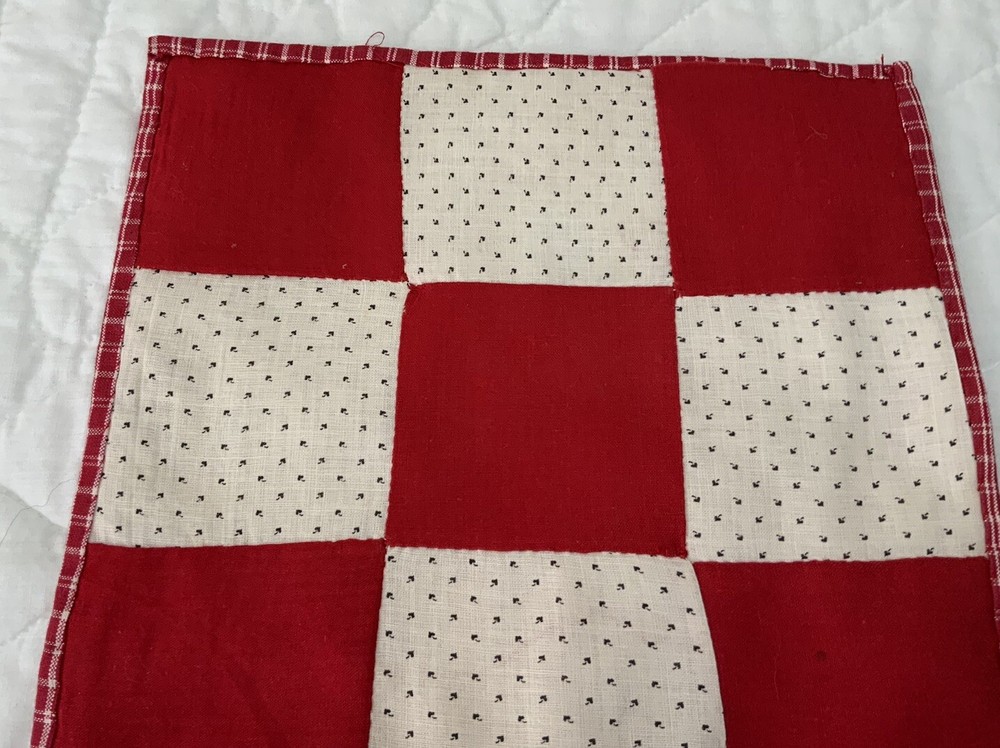 Vintage Antique Patchwork Table Topper, Nine Patch, Early Calicos, Red, White