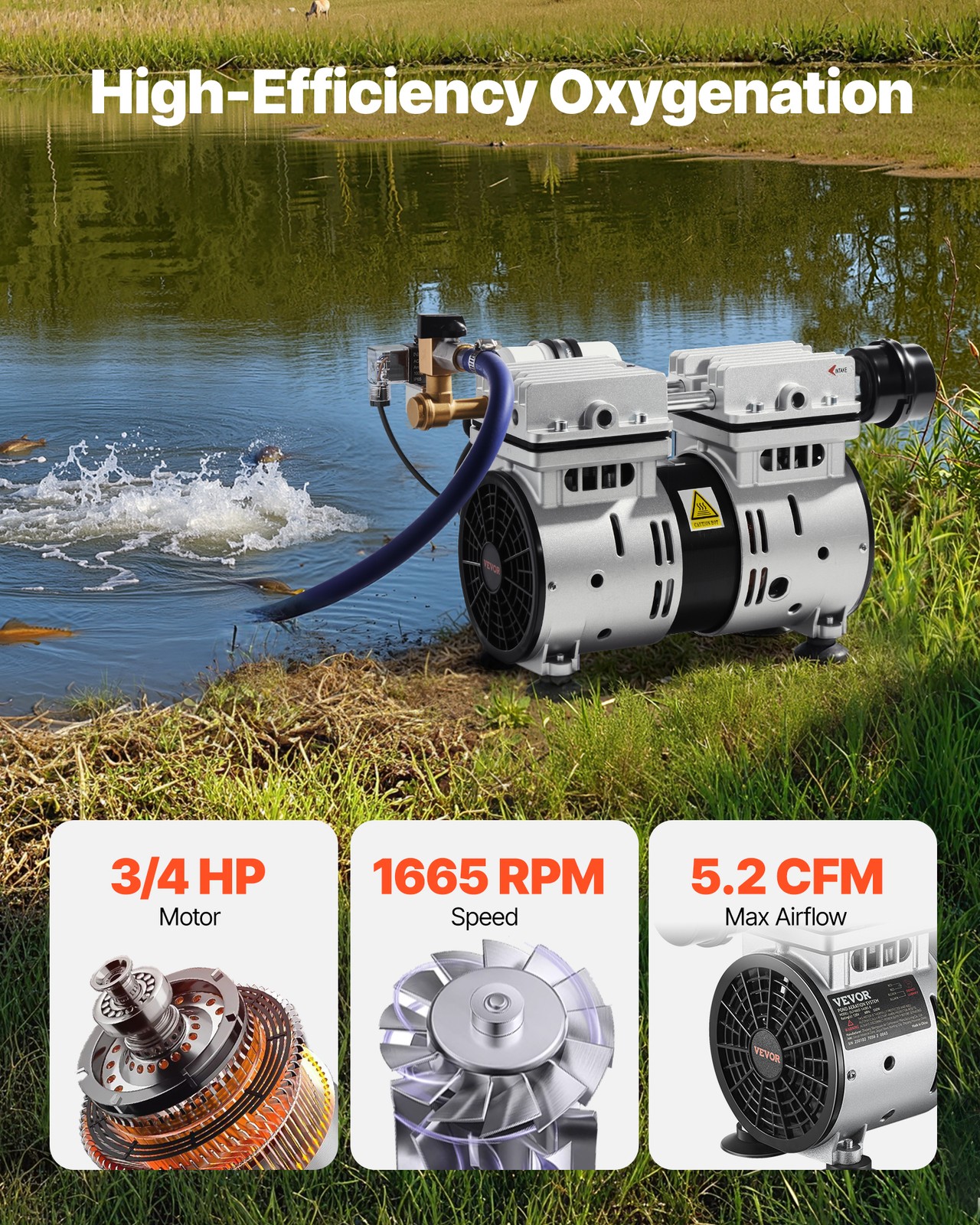 VEVOR Pond Aerator Lake Pond Aeration Kit 3/4 HP 550W 5.2CFM for Up to 3 Acre